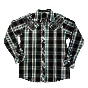 Roar Embroidered Blue & Black Plaid Button-Up shirt - men's large